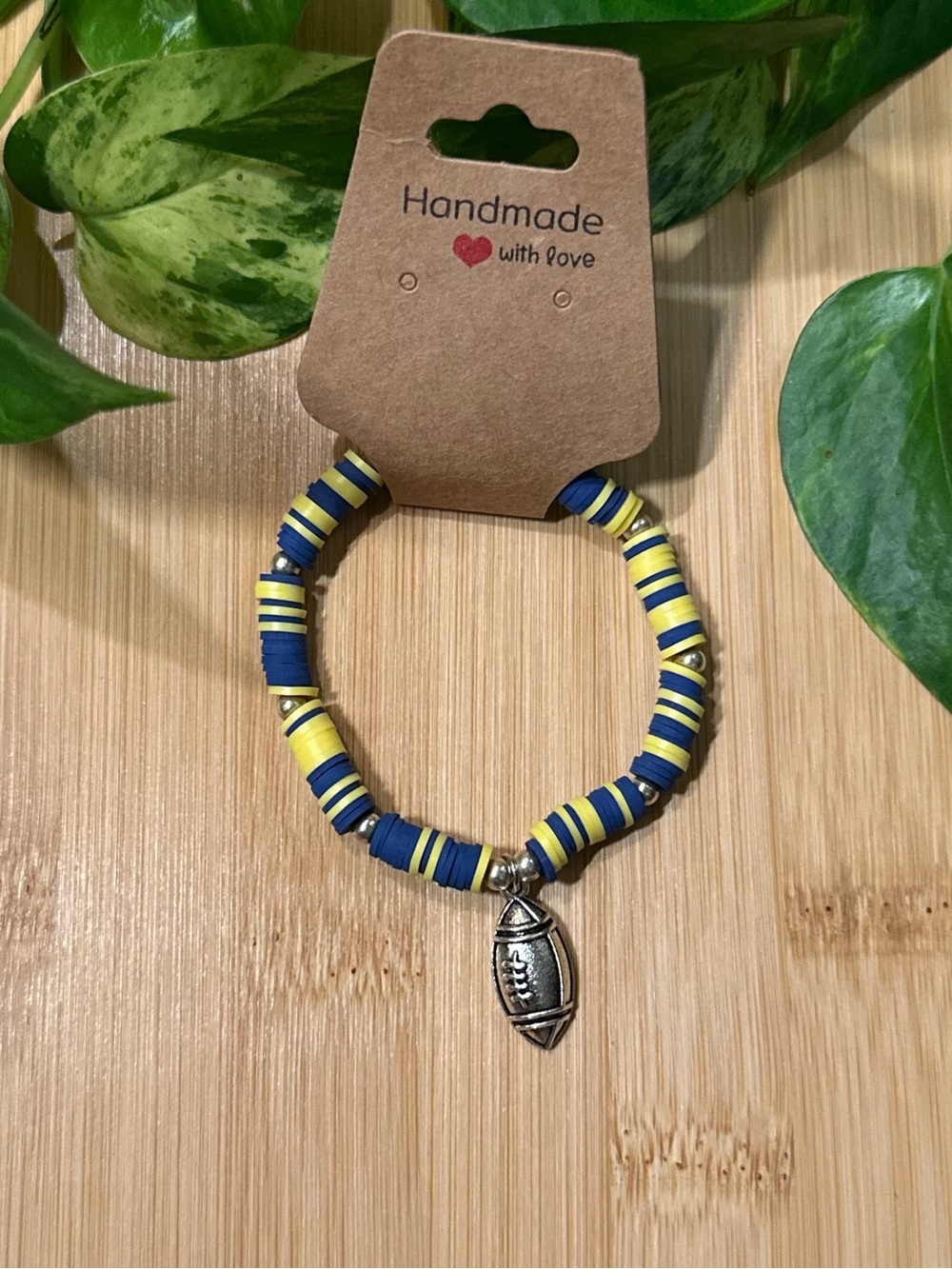 🏈✨ Football Stretchy Beaded Bracelet | Handmade | Silver Football Dangle Charm‎